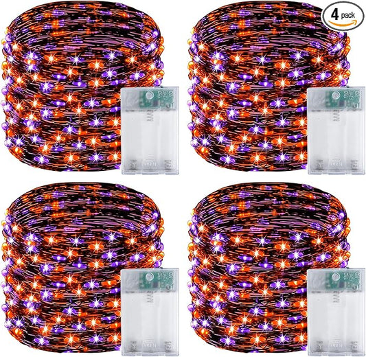 4 Pack 60LED Orange & Purple Fairy Lights Battery Operated with Timer, 20FT Waterproof Christmas Lights Outdoor Indoor, Black Wire String Lights for Bedroom, Party, Centerpiece, Christmas Decorations