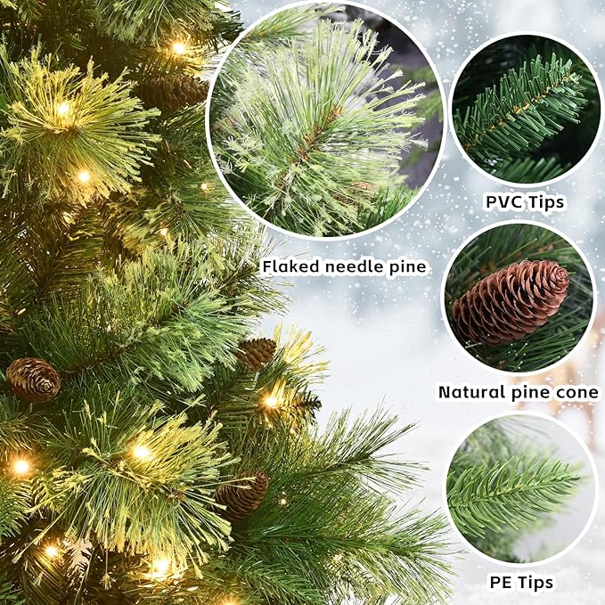 Kadunmina 8ft Prelit Christmas Tree, Artificial Carolina Pine Christmas Tree with 820 Warm White Lights, Pine Cones, 1897 Branch Tips and Metal Stand for Home, Office, Holiday Party Decoration