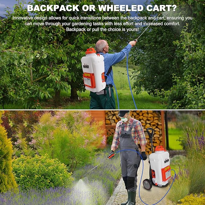 Toovem Battery Powered Backpack Sprayer 4 Gallon, Adjustable 0-94 PSI, 4FT Hose, 6 Nozzles, Weed Yard Sprayer with Wand, Electric Backpack Garden Sprayer with Wheeled Cart for Weeding, Long Spray Time