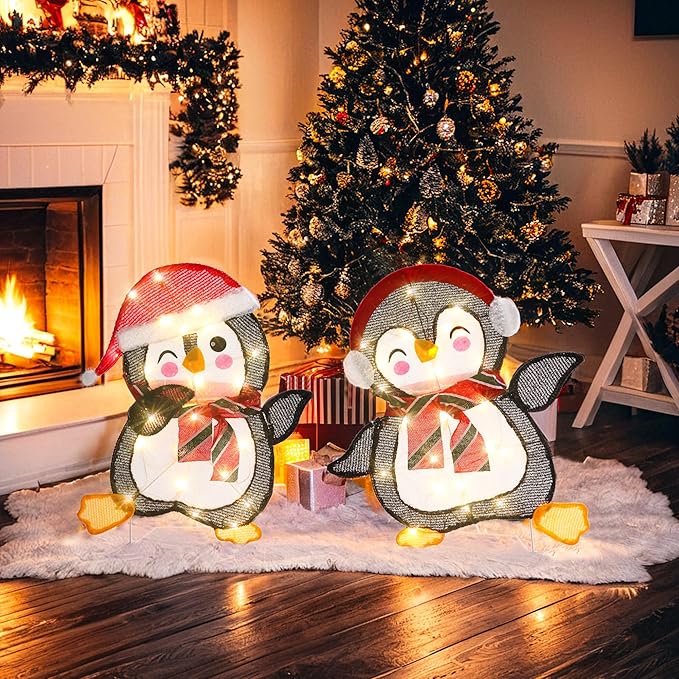 GENIMO 2-Piece 2D Penguin Outdoor Christmas Decorations, 50 Lights Penguin, Pre-Lit Clear Light Up Decor for Holiday Outside Indoor Home Lawn Yard Garden Patio with Scarf Stakes Zip Ties(23.5 in)