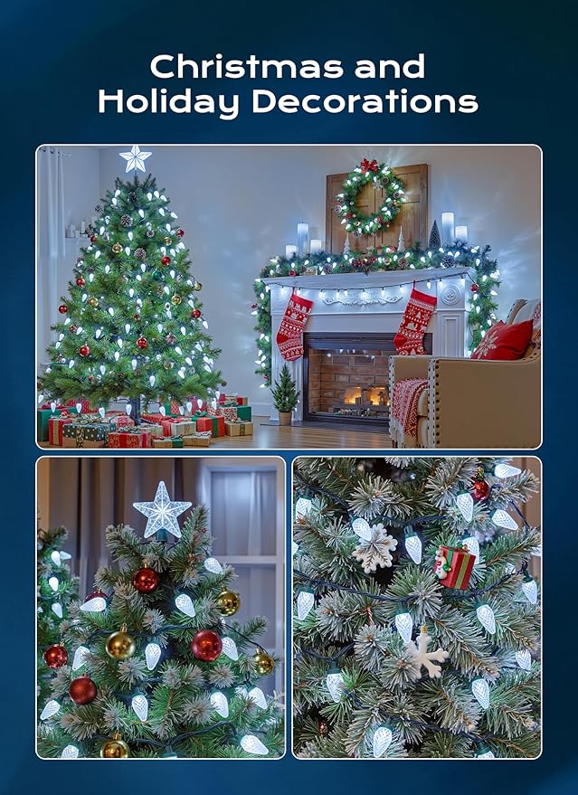 C9 Christmas Lights Outdoor, 66 FT 100 LED Connectable C9 String Lights with 8 Modes and Timer Extendable Xmas Tree Patio Roofline Garden Yard Holiday Party Indoor Outdoor Decoration, White