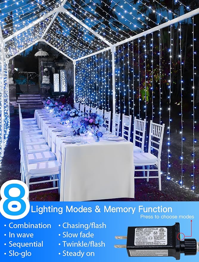 33FT 100 LEDs String Lights Waterproof Fairy Lights 8 Modes with Memory 30V UL Certified Power Supply for Home, Garden, Wedding, Party, Christmas Decoration Indoor Outdoor (Cool White+Blue)