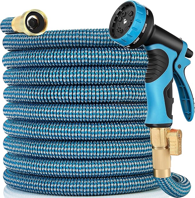 Expandable Garden Hose 50 ft with 10 Function Nozzle Sprayer, Lightweight Flexible Water Hose with Durable Collapsible Latex Core & Solid Brass Fittings, 50ft Retractable Stretch Hose, Blue & White