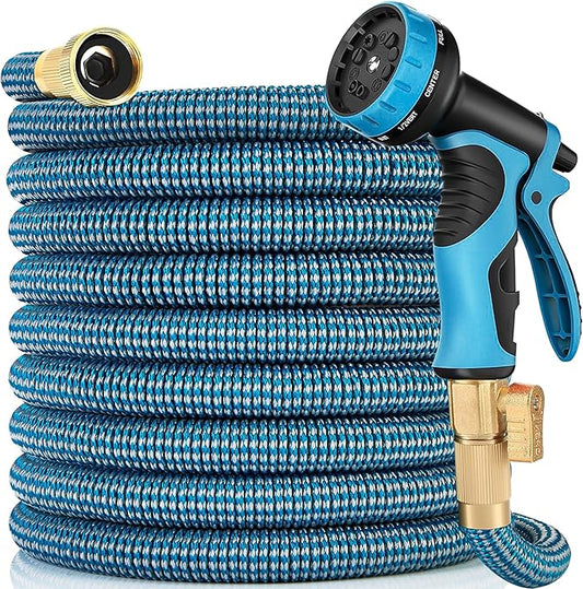Expandable Garden Hose 100 ft with 10 Function Nozzle Sprayer, Lightweight Flexible Water Hose with Durable Collapsible Latex Core & Solid Brass Fittings, 100ft Retractable Stretch Hose, Blue & White