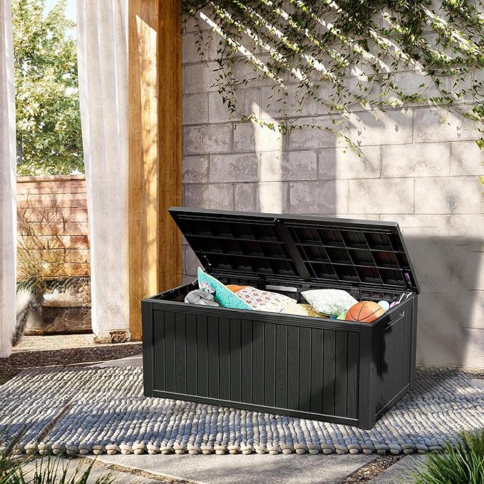 TARKARI 270 Gallon Lockable Resin Deck Box, Waterproof & UV-Resistant Outdoor Storage Box for Outdoor Cushion Storage, Garden Tools & Pool Accessories Storage, Black