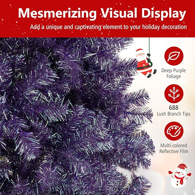 Goplus 6 FT Pre-Lit Tinsel Christmas Tree, Artificial Hinged Xmas Tree with 250 Warm White LED Lights, 8 Modes, 688 Lush Branch Tips, Metal Stand, Home Office Seasonal Holiday Decoration, Purple