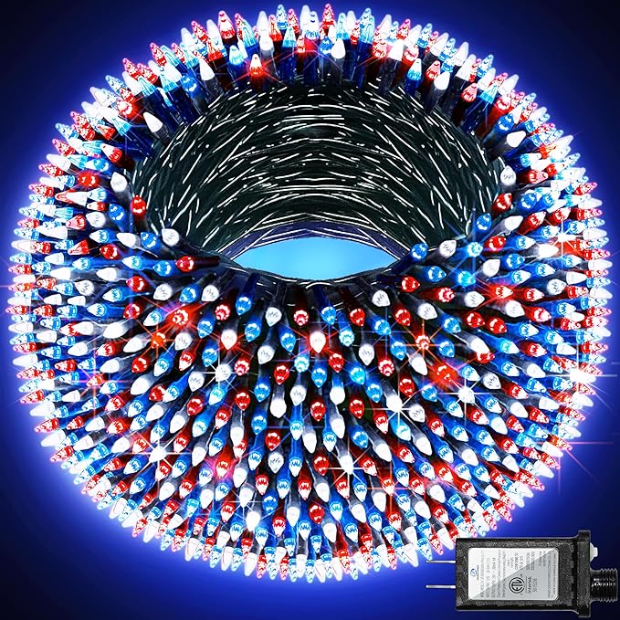 300LED Christmas Lights Outdoor Indoor Use, 12 Lighting Modes 75ft Christmas Tree Lights with Timer, Dimmable Plug in Red White and Blue LED StringLights Waterproof for Yard Tree Wedding Party Holiday