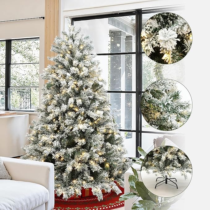 LuxenHome 6.5FT Christmas Tree with Lights, Flocked Artificial Christmas Tree with 8 Lighting Functions, 1100 PVC Tips, 480 Warm White Lights, Prelit Xmas Trees for Indoor and Outdoor Holiday Decor