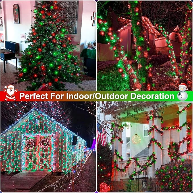 Christmas Lights, 66FT 200 LED Christmas Tree Lights with 8 Modes Waterproof, Plug in Extendable Green Wire Xmas Decorations Light for Indoor House Yard Party Holiday Decor, Red Green