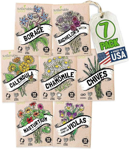 Edible Flower Seeds for Planting: 7 Variety Packets: Viola, Calendula, Chamomile, Chives, Bachelor Button, Borage & Nasturtium, Annual & Perennial Edible Flower Seeds Garden Kit by Sustainable Sprout