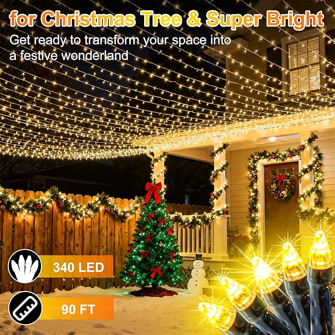 340 LED 90FT Christmas String Lights Outdoor, 12 Pro Modes and Timer Memory & Brightness, Plug in Waterproof Dark Green Wire Twinkle Light for for Xmas Yard Tree Wedding Party Decor (Warm White)