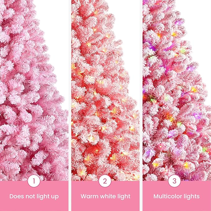 SHareconn 6ft Pre-Lit Flocked Spruce Artificial Hinged Christmas Tree with Remote, Timer and 330 Warm White & Multi-Color Lights, 950 Branch Tips, Perfect Choice for Xmas Decoration, 6 FT, Pink