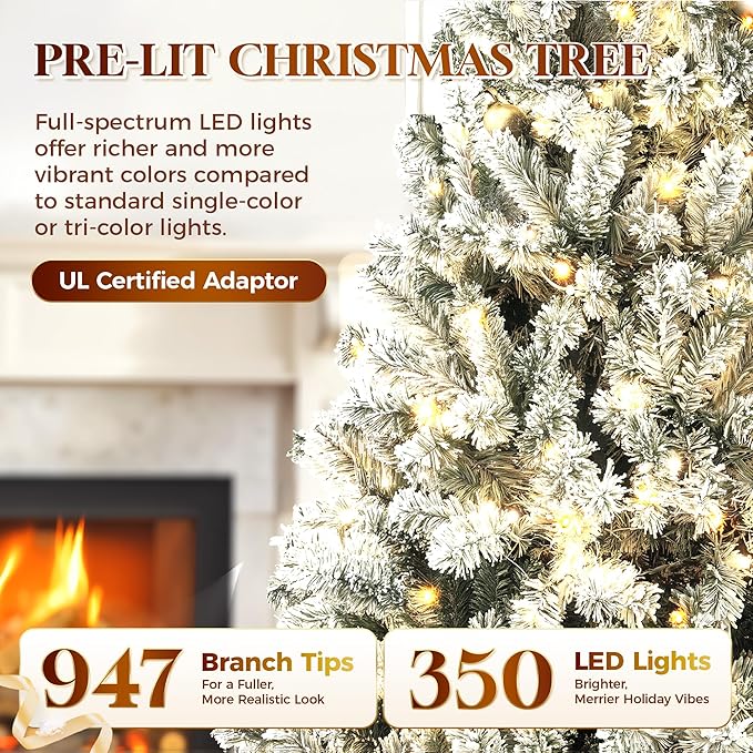 HOLLO STAR 6 ft Flocked Prelit Christmas Tree with 350 LED Lights, App Control, Artificial Christmas Tree, Multi-Color RGBW Lights, 947 Branch Tips, Snow Xmas Tree, for Home, Party