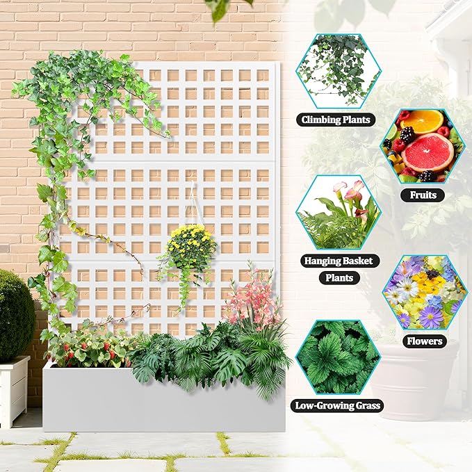 Metal Planter Box with Trellis, Planter Box with Privacy Screen, Privacy Trellis Outdoor for Climbing Plants with Drainage Holes, Raised Garden Bed for Vegetables