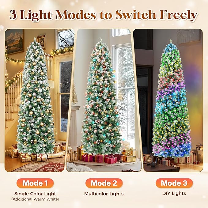 HOLLO STAR 7.5 ft Prelit Christmas Tree with 304 LED Lights, App Control, Slim Pencil Christmas Tree, Multi-Color RGBW Lights, 950 Flocked Frosted Tips, Xmas Tree, 72 Pine Cones, for Home, Party