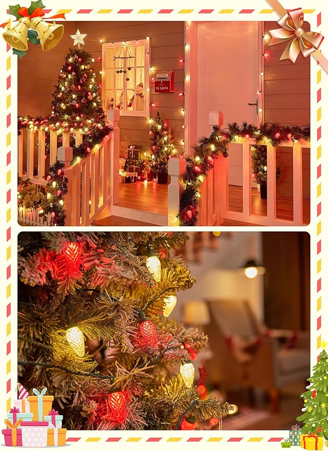 Brightown C9 Christmas Lights Outdoor, 114FT 150 LED Red and Warm White String Lights with Timer, 8 Modes, UL Listed Waterproof Connectable Christmas Tree Lights for House, Roof, Garden, Patio Decor