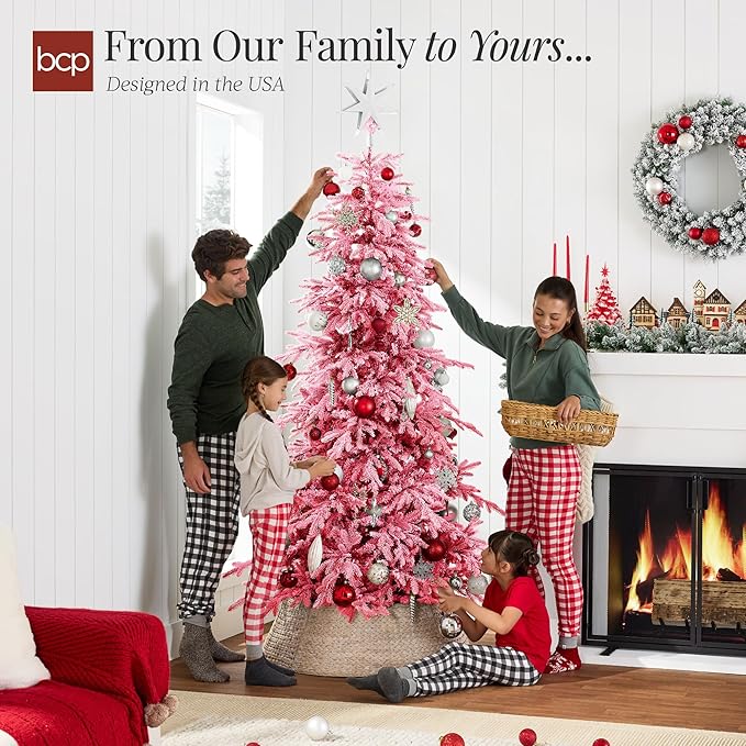 Best Choice Products Lighted Aspen Christmas Tree, 6ft Flocked Artifical Noble Fir, Pre-Lit White & Multicolored LED Lights Premium Holiday Décor - Pink