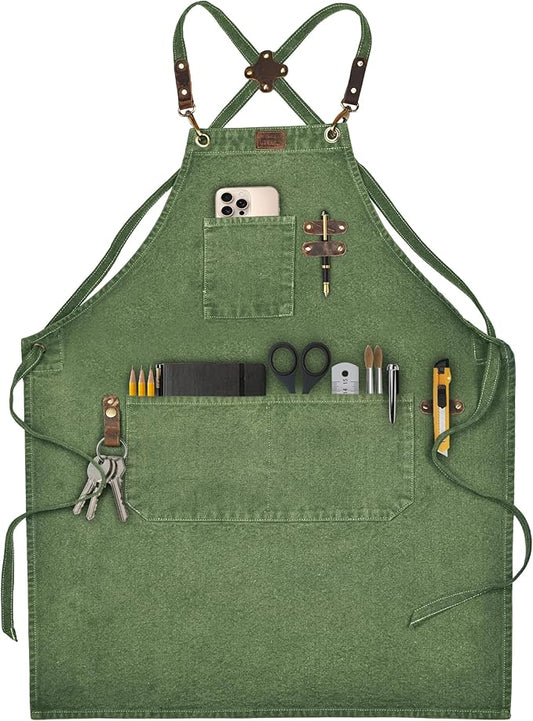 LEATHER VILLAGE Chef Aprons for Men Women with Large Pockets, Cotton Canvas Cross Back Adjustable Work Apron, Size M to XXL