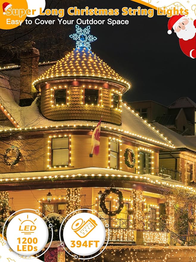 Christmas Lights 1200 LED 394 FT, Waterproof Outdoor String Lights with Remote and Timer, Christmas Tree Lights with 8 Modes Dimmable, Fairy Lights for Holiday Decor (Warm White)