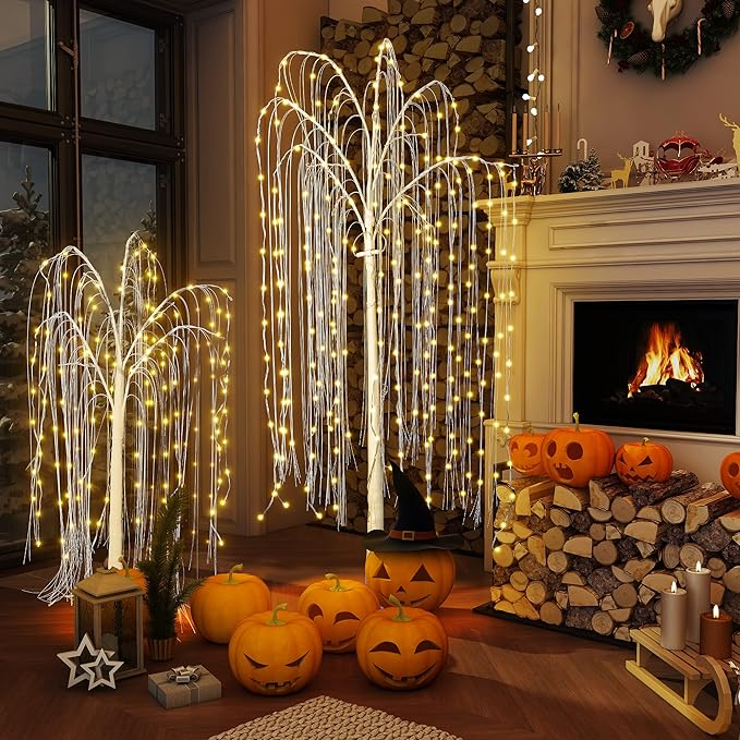 Lamerge 3pcs Lighted Willow Tree Decorations,4FT+5FT+6FT Colorful Birch Tree RGB LED Trees with Remote,Weeping Willow Tree Indoor/Outdoor Lighted Christmas Tree Decorations for Yard