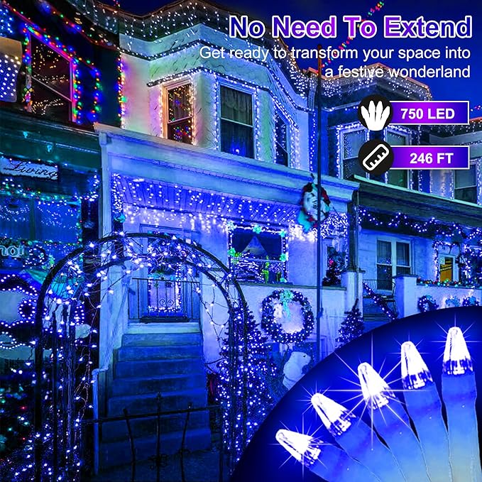 750 LED Christmas Lights Outdoor Use, 246ft 8 Lighting Modes Fairy Lights for Outside, Christmas Tree Lights Outdoor IP44 Waterproof for Xmas Patio Yard Fence Deck Balcony Garden DecorBlue