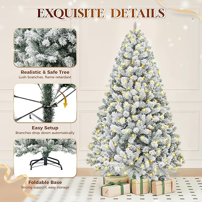 HOLLO STAR 7.5 ft Flocked Prelit Christmas Tree with 503 LED Lights, App Control, Artificial Christmas Tree, Multi-Color RGBW Lights, 1355 Branch Tips, Snow Xmas Tree, for Home, Party
