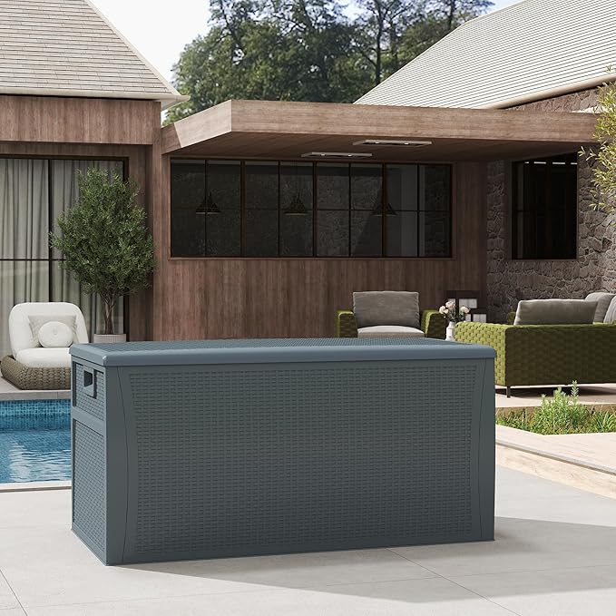 125 Gallon Resin Deck Box, Weatherproof Outdoor Storage Box for Patio, Garden, Pool, and Yard, Lockable Waterproof Bin for Tools, Cushions, and Accessories, Grey