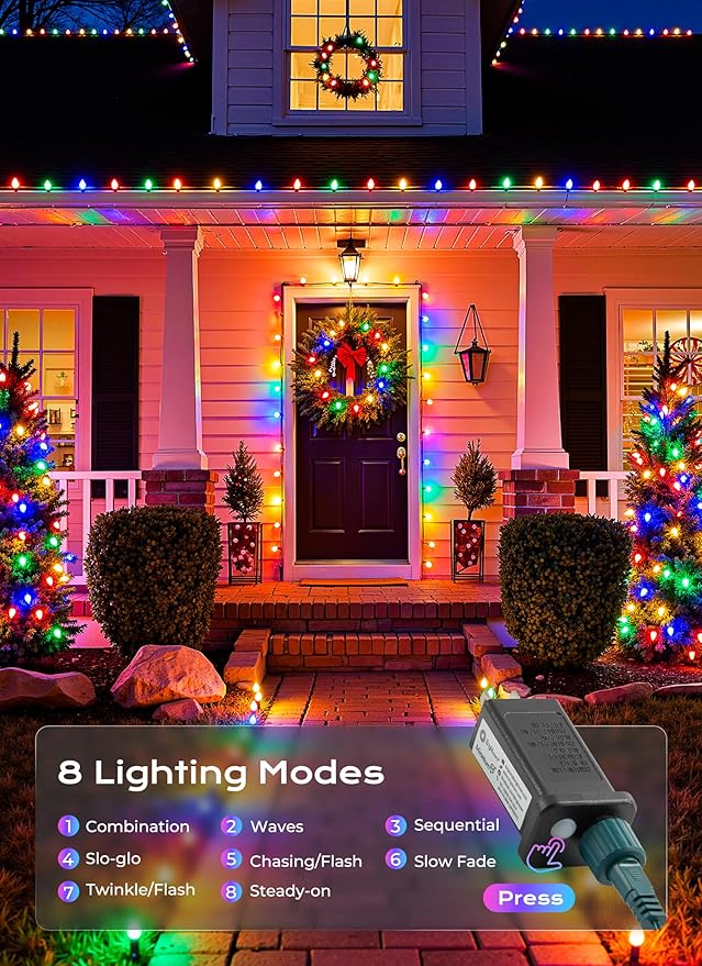 C9 Outdoor Christmas Lights, 72 FT 110 LED C9 String Lights, 8 Modes & Timer Connectable Waterproof for Christmas Tree Light Indoor Outdoor Roofline Patio Outside Yard Xmas Decor, Multicolor 2 Pack