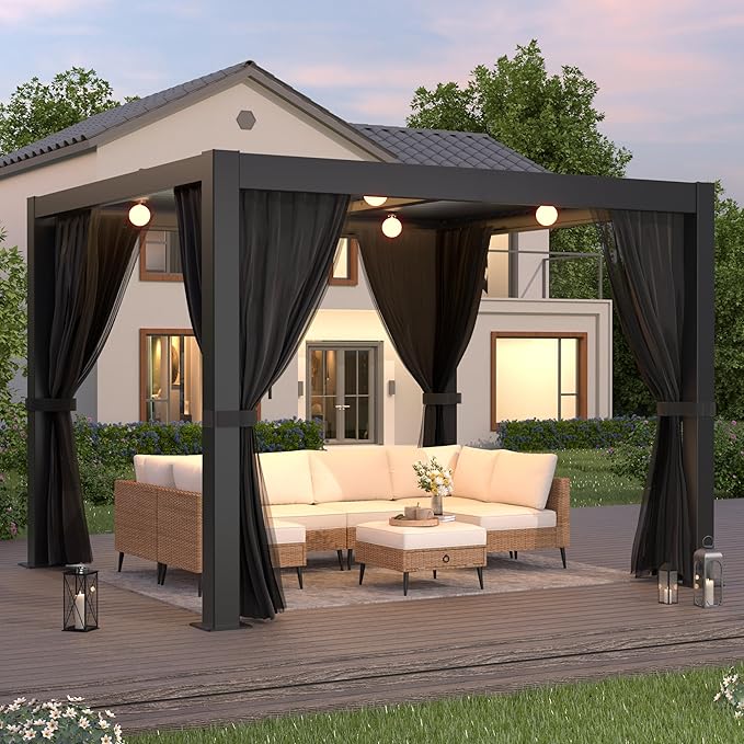 LVUYOYO Outdoor Louvered Pergola 10' x 10', Aluminum Pergola with Adjustable Roof, Waterproof Metal Gazebo with Curtains and Netting for Patio, Backyard, Garden, Deck (Black)