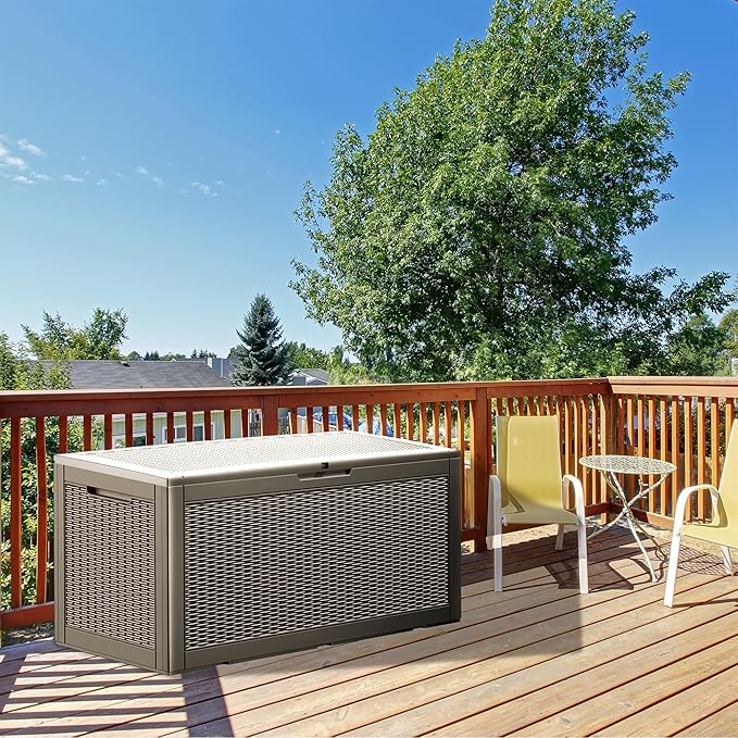 TARKARI 100 Gallon Lockable Resin Deck Box, Waterproof & UV-Resistant Outdoor Storage Box for Outdoor Cushion Storage, Garden Tools & Pool Accessories Storage, Gray