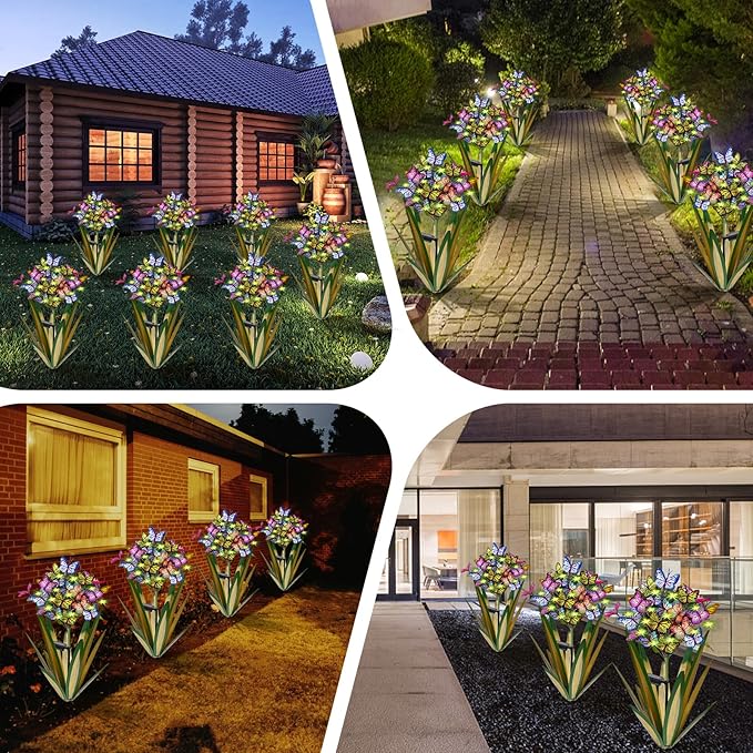 Solar Metal Agave Butterfly Flower Stick Garden Sculpture - Outdoor Gift, Christmas Lights, Swaying Butterfly, Sunflower - Solar Outdoor Statues (3 PCS Light Green)