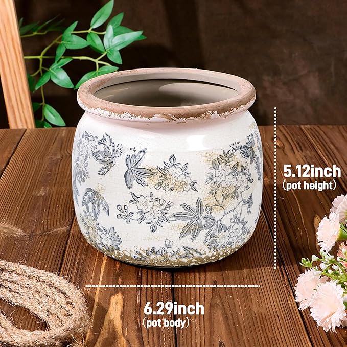 Vintage Ceramic Ice Crack Flower Pot with Drainage Holes, Country Rustic Planters for Indoor and Outdoor,Tuscan Decor,Home,Living Room, Garden Decor, Gardening Gift (Farmhouse)