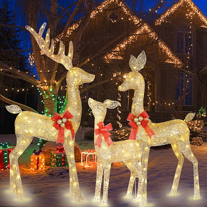 Lighted Christmas Decoration Deer 3 Piece, HOYECHI Light up Christmas Decor Reindeer Family Set for Indoor Outdoor Front Yard Porch with LED Lights, Plug, Ground Stakes - Gold