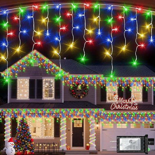 1332 LED 132ft Christmas Lights with 296 Drops, 12 Lighting Modes Multicolor Christmas Decoration Twinkling Lights Dimmable, Timer Outdoor Waterproof Fairy Lights for Indoor Garden House Eaves Roof