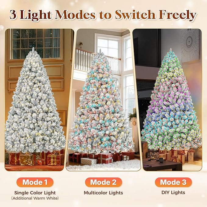 HOLLO STAR 12 ft Flocked Prelit Christmas Tree with 1097 LED Lights, App Control, Artificial Christmas Tree, Multi-Color RGBW Lights, 4000 Branch Tips, Snow Xmas Tree, for Home, Party