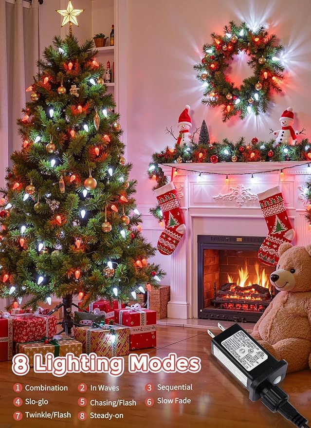 C9 LED Christmas Lights Outdoor, 81 Feet 100 LED String With Timer & 8 Light Mode, Waterproof Commercial Grade Christmas Tree for Outside Indoor Roofline Patio, Red & Pure White 2 Pack