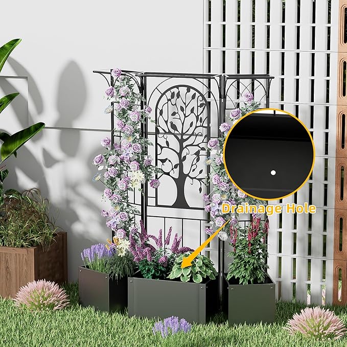 Metal Planter Box with Trellis and Cover, Raised Garden Bed with Trellis Privacy Screen, 62 inch Tall Planter Boxes for Climbing Plants, Flowers, Vegetables, Fruits, Balcony and Patio Decor (Black)