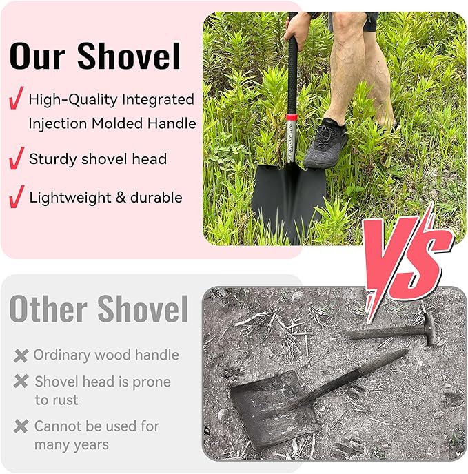 SHARK ATTACK Heavy Duty Garden Shovel 43.3 inch with D-Grip Handle, 6.3'' Serrated Steel Blade for Digging and Landscaping, Beach Shovel, Car Snow Shovel