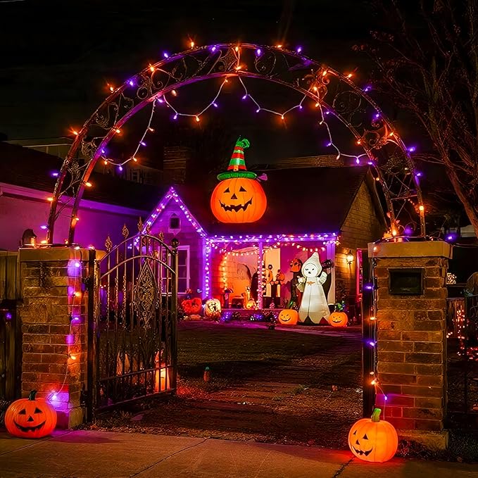 JMEXSUSS 600 LED Halloween String Lights Outdoor, Orange and Purple Halloween Lights Clear Wire, Twinkle String Lights Plug in for Tree Christmas Decorations
