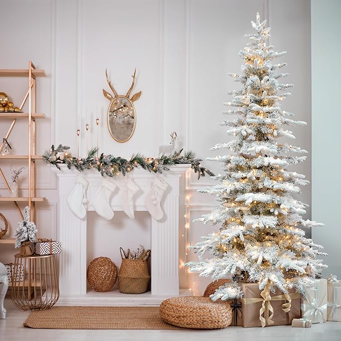 Fraser Hill Farm 9-Ft. Pine Valley Flocked Artificial Christmas Tree with Dual Multicolor & Warm White LED Lights, Prelit Foldable Fake Tree with Realistic Snowy Foliage for Home Decoration