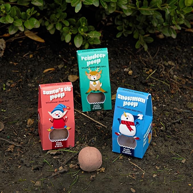 Modern Sprout Wildflower Seed Ball Poop - Christmas Gift - Non-GMO, Hand-Rolled Clay Seed Bombs with Wildflower Seeds - Plop Plant & Grow Gardening Gift Set for Kids & Adults (Jingle Plop - Pack of 3)