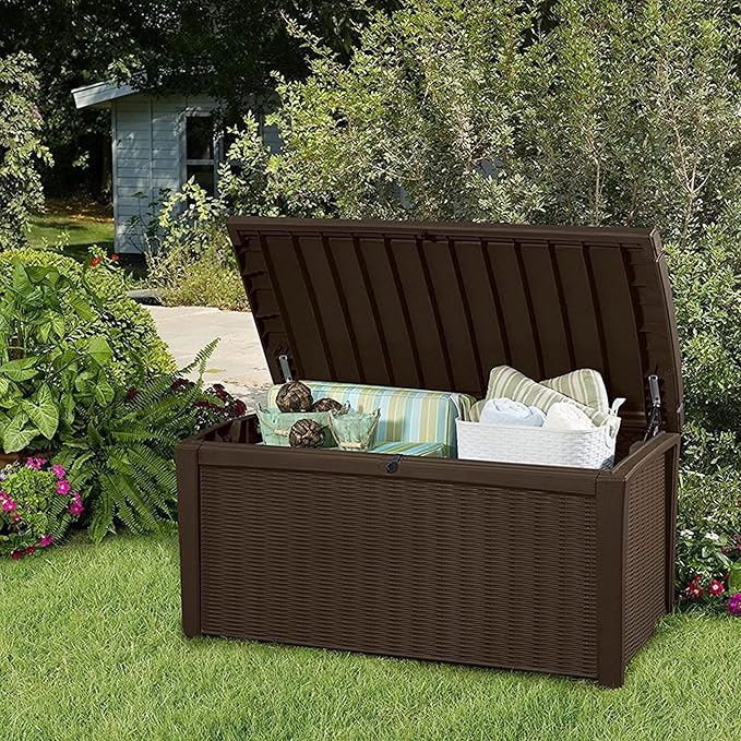 Keter Borneo 110 Gallon Resin Deck Box - Organization and Storage for Patio Furniture, Outdoor Cushions, Throw Pillows, Garden Tools and Pool Toys, Brown