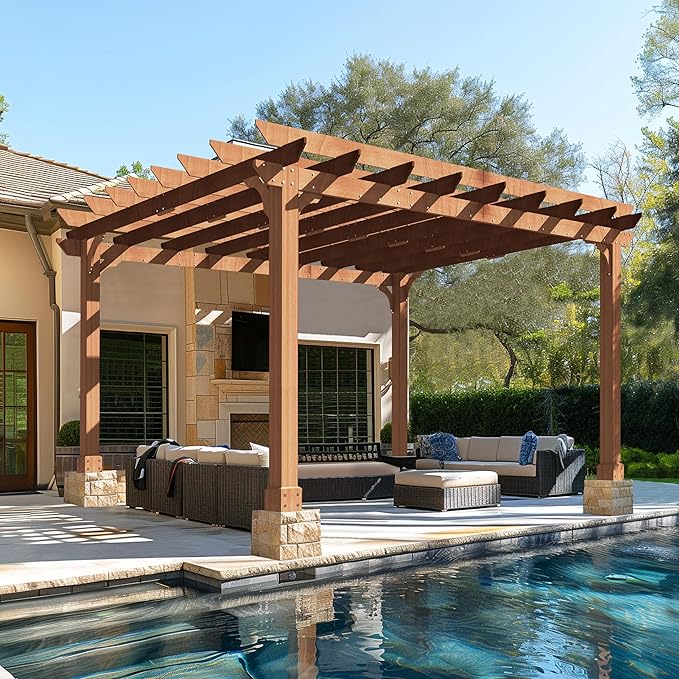 BlueWish 12’ x 14’ Cedar Wood Patio Pergola with Slatted Trellis Roof, Outdoor Pergola Backyard Gazebo with Solid Structure for Deck Yard Grill Party Garden