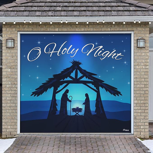 7' x 8' Peaceful O Holy Night Nativity Garage Door Banner - Designed to Move with Door | Sacred Christmas Single Garage Door Decoration