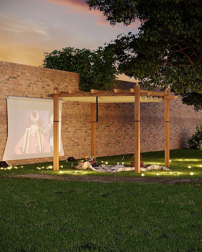 Garvee 10x10 Ft Aluminum Pergola Outdoor Gazebo with Retractable Canopy Imitation Wood-Grain Sun Shade Shelter for Garden Patio Backyard Deck(Khaki)