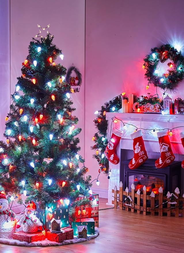 C9 Led Christmas String Lights, 68 Ft 100 LED Strawberry Roof Lights with 100 All in One Clips, Commercial Grade Waterproof Extendable for Indoor Outdoor Roofline Home Xmas Decor, Red & Pure White