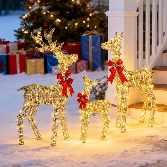 3-Piece Large Christmas Deer Outdoor Decorations, 4.5ft Lighted Reindeer Family Set Christmas Yard Decor, Light Up Reindeer Christmas Decor with 350 LEDs, Stakes, Zip Ties, Unique Gold Rattan