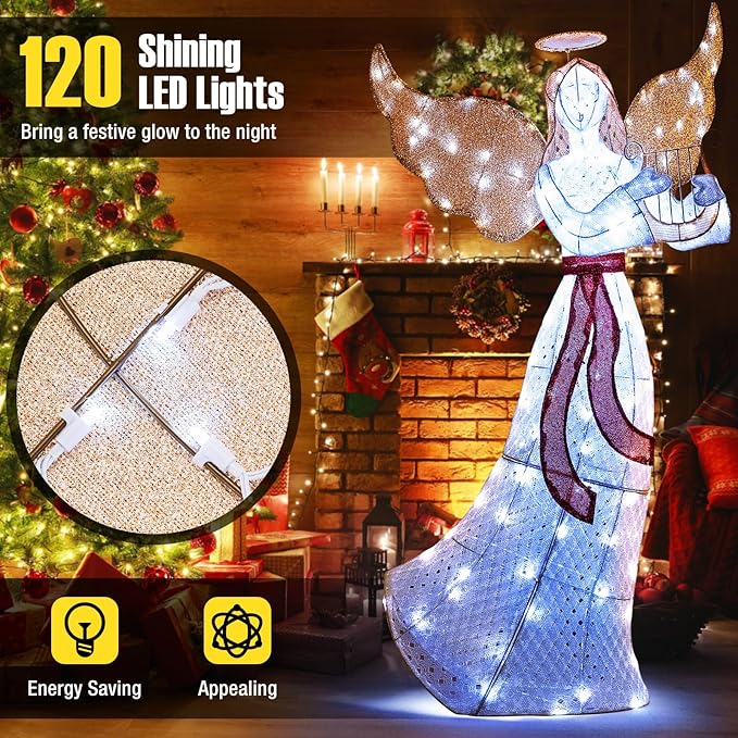 Tangkula 5 FT Outdoor Christmas Lighted Angel, Xmas Yard Pre-Lit Angel with Harp, Halo & 120 Cold White LED Lights, Ground Stakes & Zip Ties Included, Winged Holiday Figure for Indoor & Outdoor