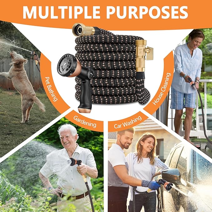 100ft Garden Hose – 2025 Upgarded Expandable Garden Hose w/10 Pattern Thumb Spray Nozzle, 650psi Pure Brass 3/4” Fittings – Lightweight, Durable, and Kink-Free(Black Rose Gold)