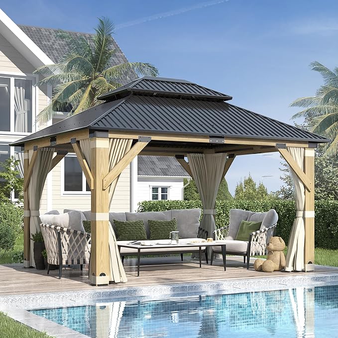 GARTOO 11’x13’ Outdoor Wooden Gazebo, Patio Galvanized Steel Wood Gazebo with Privacy Curtains and Netting, Vented Double Roof Hardtop Pavilion for Garden, Porch, Lawn, Poolside, Backyard, Deck